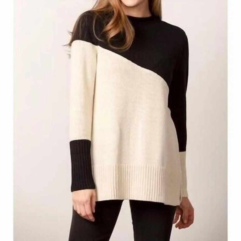Habitat Black Cream Asymmetrical Colorblock Long Sleeve Knit Sweater Size Large